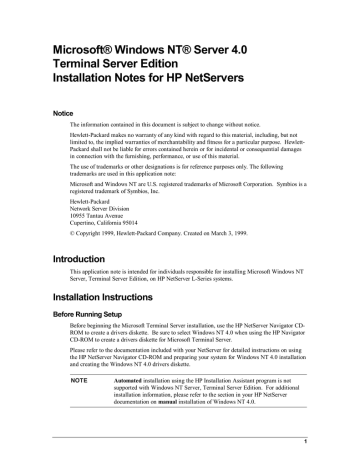 Microsoft® Windows NT® Server 4.0 Terminal Server Edition Notice Microsoft® Windows NT® Server 4.0 Terminal Server Edition Notice