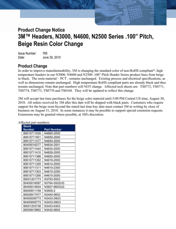 3M™ Headers, N3000, N4600, N2500 Series .100” Pitch,  Product Change Notice | Manualzz