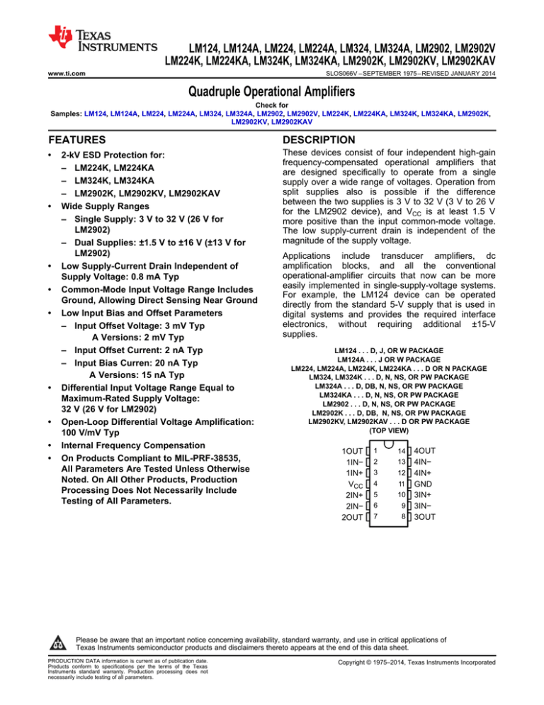 Quadruple Operational Amplifiers LM124, LM224K, FEATURES Quadruple Operational Amplifiers LM124, LM224K, FEATURES