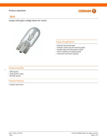 2841 Areas of application Product datasheet Lamps with glass wedge bases for trucks | Manualzz