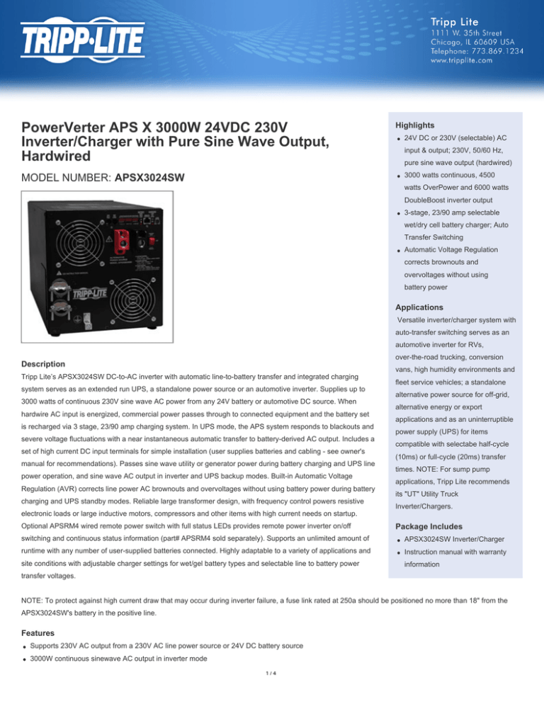 PowerVerter APS X 3000W 24VDC 230V Hardwired PowerVerter APS X 3000W 24VDC 230V Hardwired