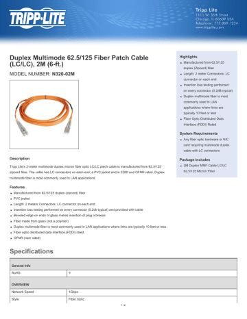 Duplex Multimode 62.5/125 Fiber Patch Cable (LC/LC), 2M (6-ft.)  N320-02M | Manualzz