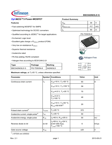 Infineon BSC042N03LS G MOSFET Data Sheet Manualzz