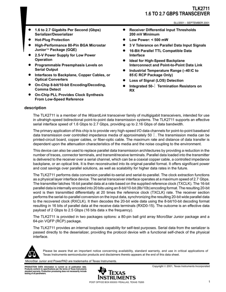 TLK2711 1.6 TO 2.7 GBPS TRANSCEIVER D TLK2711 1.6 TO 2.7 GBPS TRANSCEIVER D