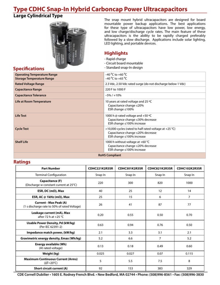 Type CDHC Snap-In Hybrid Carboncap Power Ultracapacitors Large Cylindrical Type Type CDHC Snap-In Hybrid Carboncap Power Ultracapacitors Large Cylindrical Type