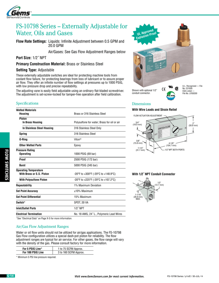 FS-10798 Series – Externally Adjustable for Water, Oils and Gases Port Size: FS-10798 Series – Externally Adjustable for Water, Oils and Gases Port Size: