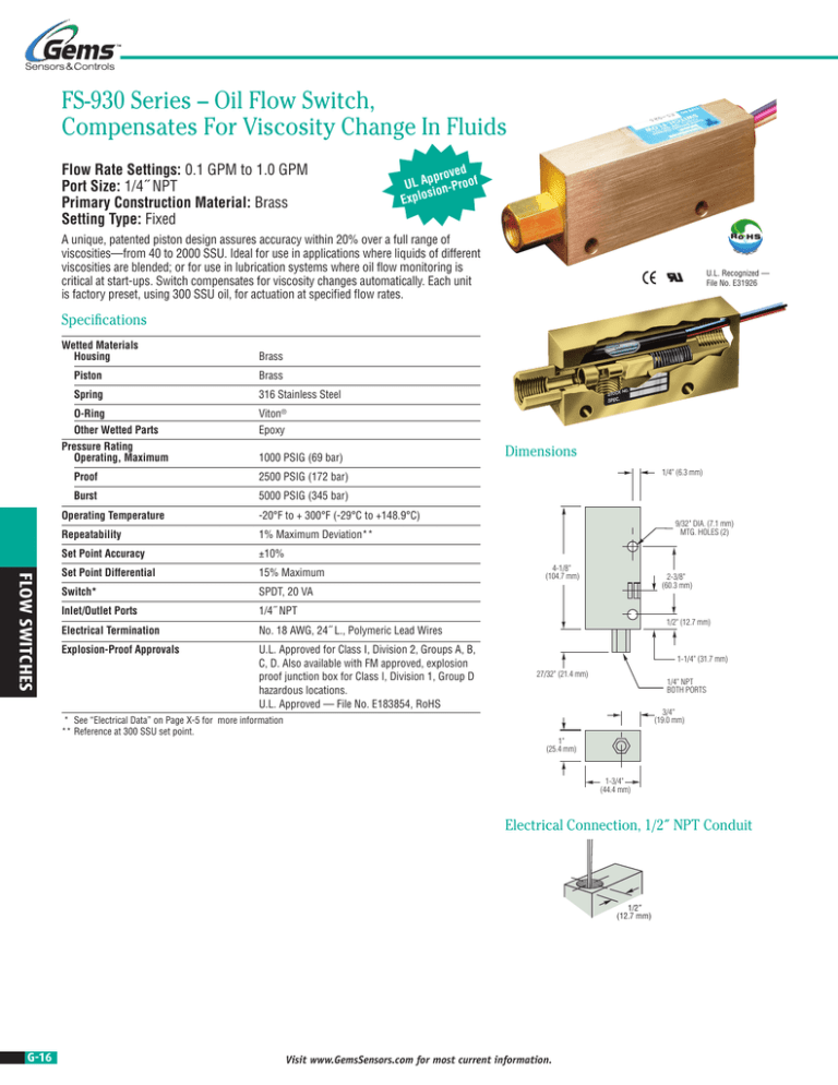 FS-930 Series – Oil Flow Switch, Flow Rate Settings: Port Size: FS-930 Series – Oil Flow Switch, Flow Rate Settings: Port Size: