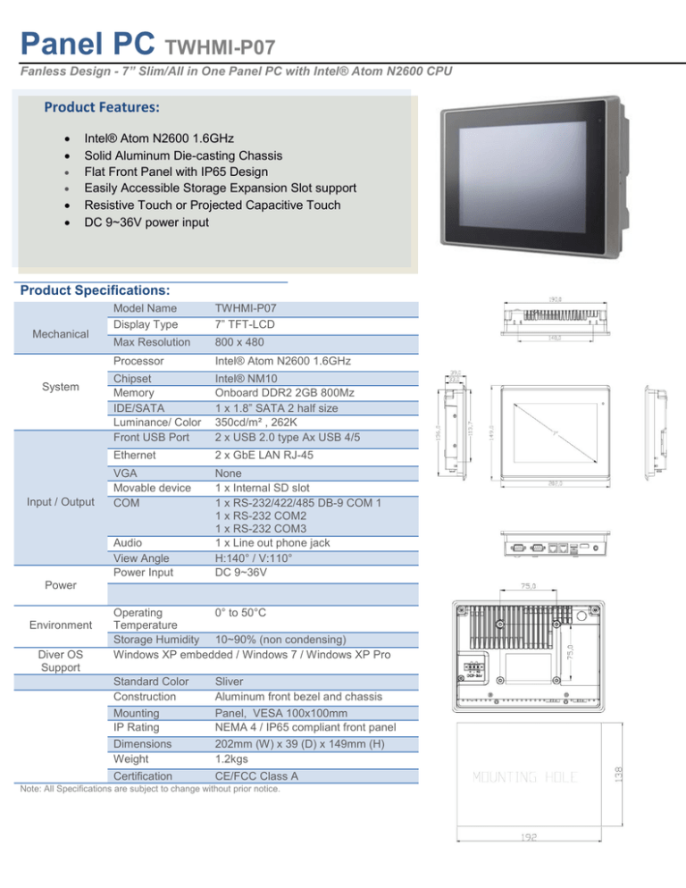Panel PC TWHMI-P07 Product Features: Panel PC TWHMI-P07 Product Features:
