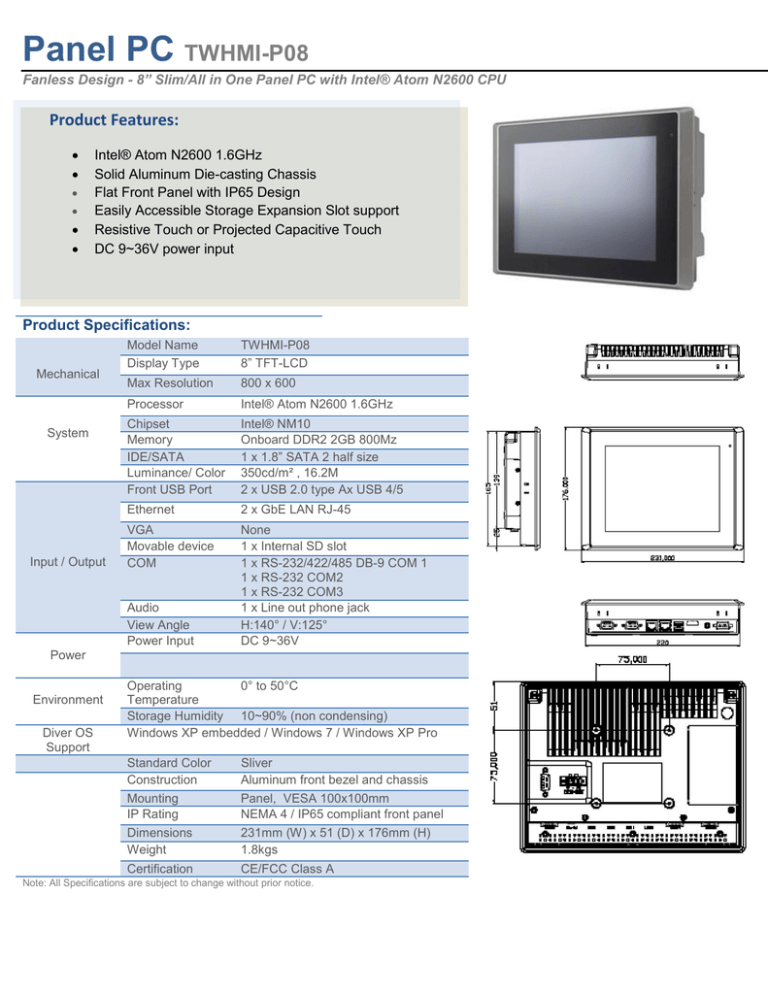 Panel PC TWHMI-P08 Product Features: Panel PC TWHMI-P08 Product Features: