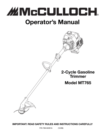 Operator’s Manual 2-Cycle Gasoline Trimmer Model MT765 | Manualzz