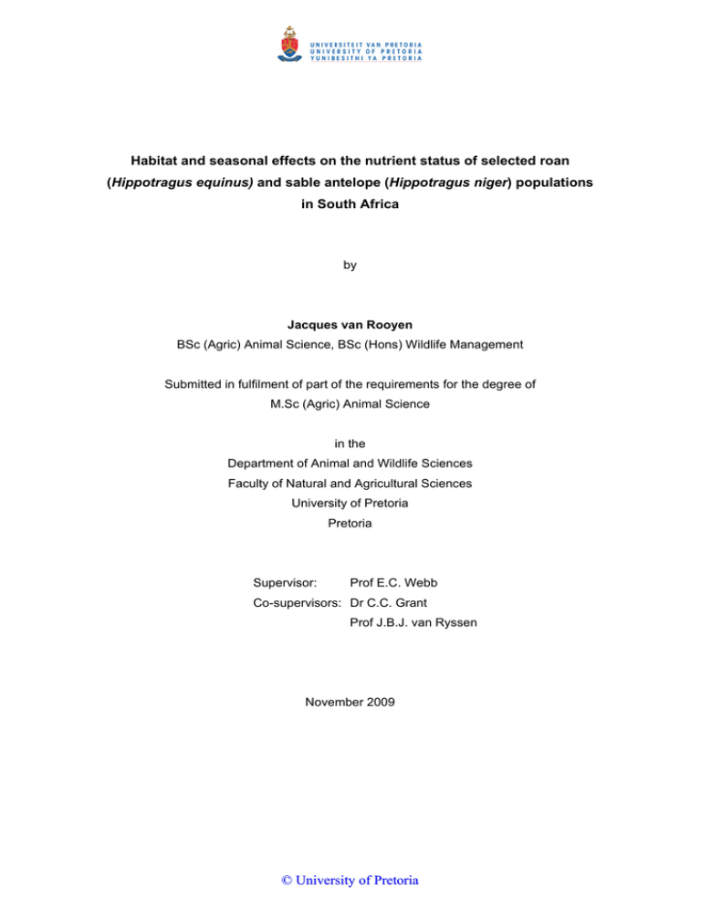Habitat and seasonal effects on the nutrient status of selected... Hippotragus equinus) in South Africa Habitat and seasonal effects on the nutrient status of selected... Hippotragus equinus) in South Africa