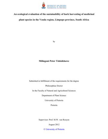 An ecological evaluation of the sustainability of bark harvesting of... plant species in the Venda region, Limpopo province, South Africa An ecological evaluation of the sustainability of bark harvesting of... plant species in the Venda region, Limpopo province, South Africa