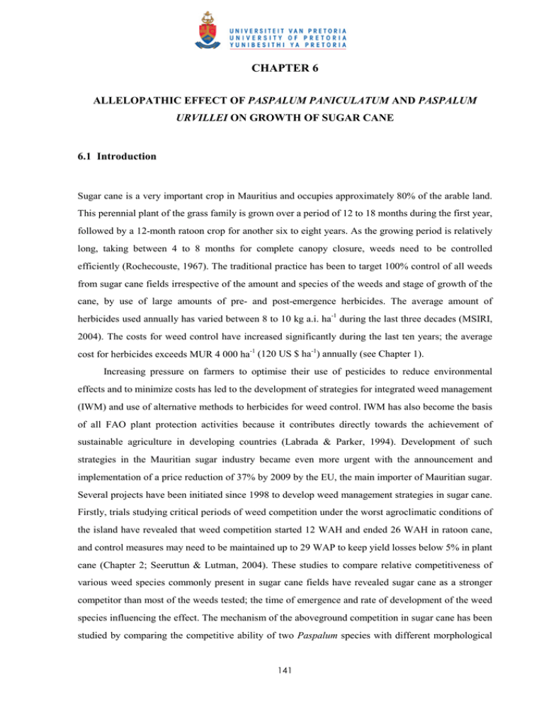 CHAPTER 6 PASPALUM PANICULATUM 6.1 Introduction CHAPTER 6 PASPALUM PANICULATUM 6.1 Introduction