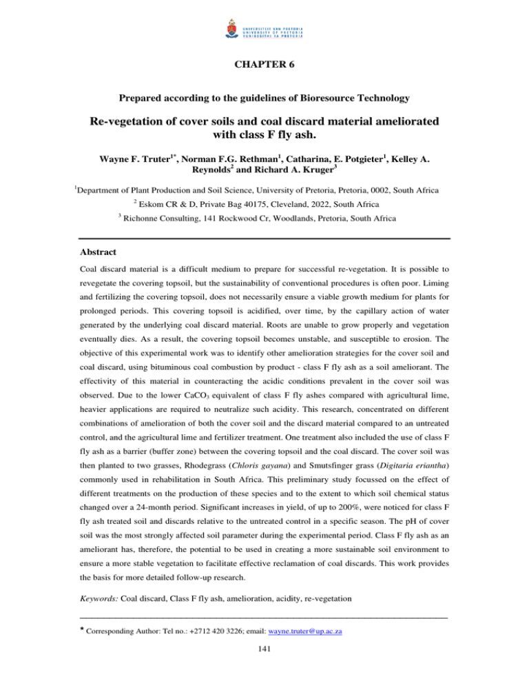 Re-vegetation of cover soils and coal discard material ameliorated CHAPTER 6 Re-vegetation of cover soils and coal discard material ameliorated CHAPTER 6