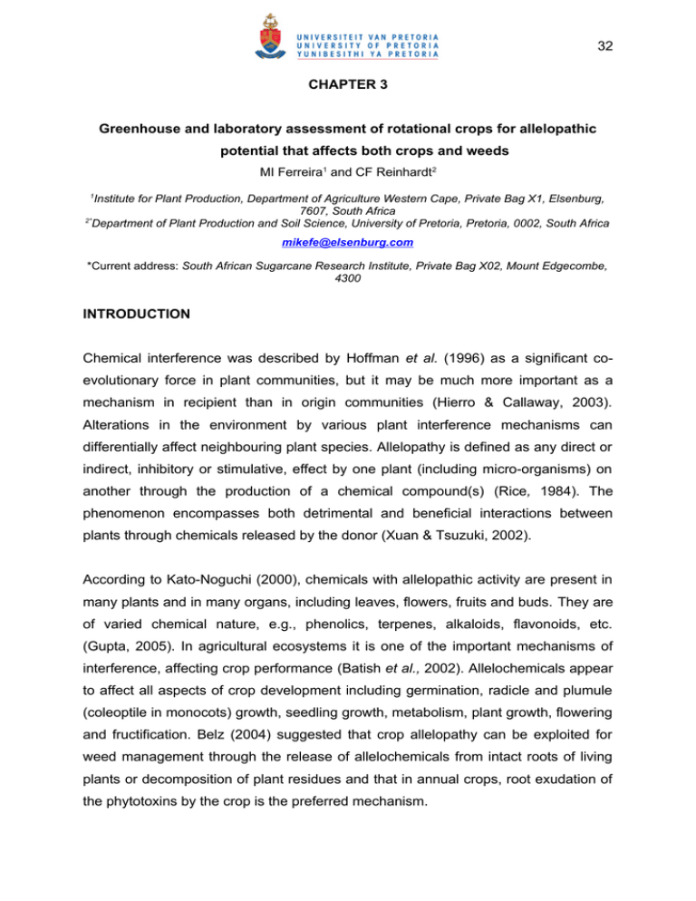 CHAPTER 3 Greenhouse and laboratory assessment of rotational crops for allelopathic 32 CHAPTER 3 Greenhouse and laboratory assessment of rotational crops for allelopathic 32
