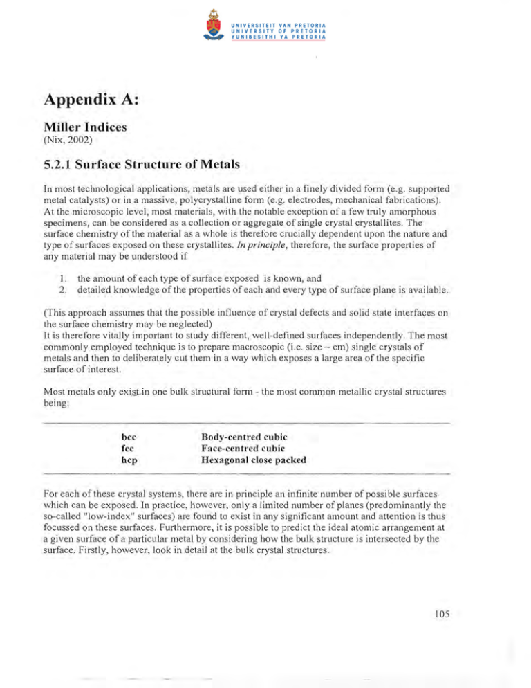 Appendix A: Miller Indices 5.2.1 Surface Structure of Metals Appendix A: Miller Indices 5.2.1 Surface Structure of Metals