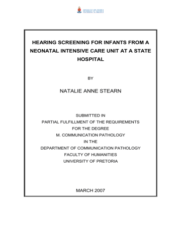 HEARING SCREENING FOR INFANTS FROM A HOSPITAL HEARING SCREENING FOR INFANTS FROM A HOSPITAL