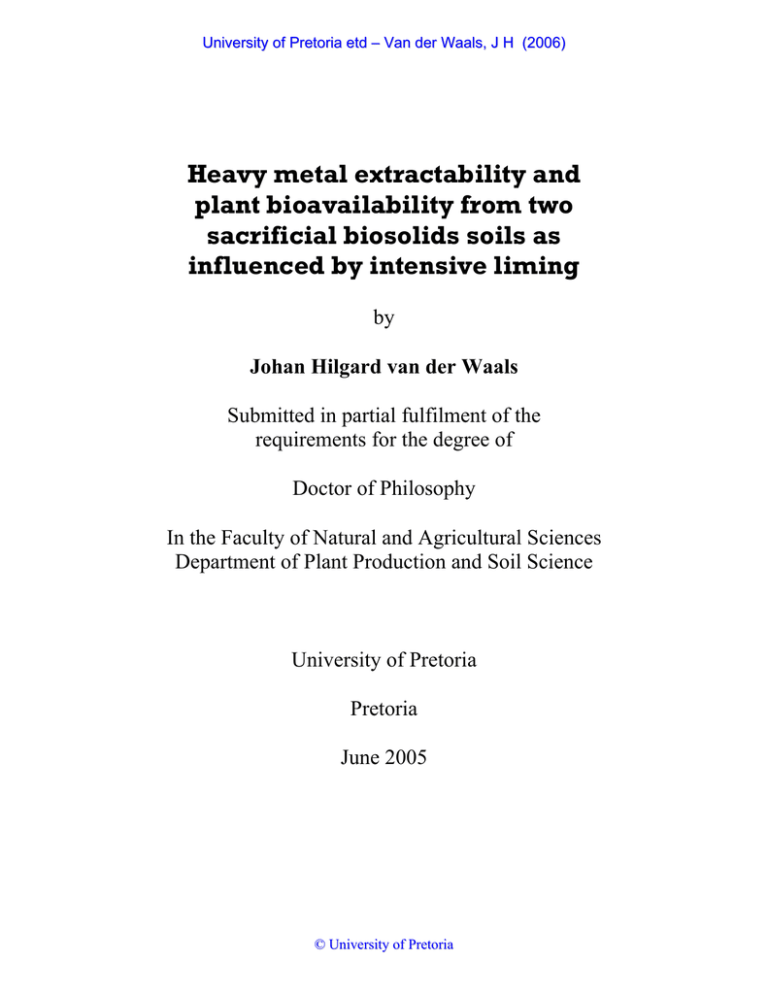 Heavy metal extractability and plant bioavailability from two sacrificial biosolids soils as Heavy metal extractability and plant bioavailability from two sacrificial biosolids soils as