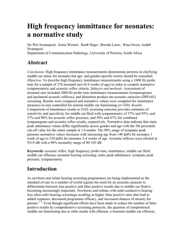 High frequency immittance for neonates: a normative study High frequency immittance for neonates: a normative study