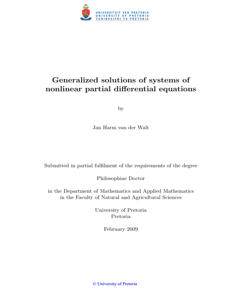 Generalized solutions of systems of nonlinear partial differential equations Generalized solutions of systems of nonlinear partial differential equations