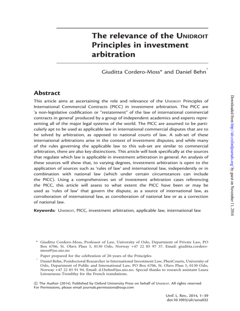 The relevance of the U Principles in investment arbitration Abstract The relevance of the U Principles in investment arbitration Abstract