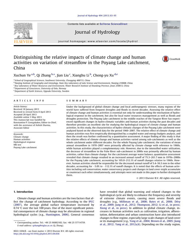Distinguishing activities on variation of streamflow in the Poyang Lake catchment, China Xuchun Distinguishing activities on variation of streamflow in the Poyang Lake catchment, China Xuchun