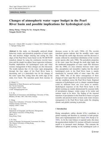 Changes of atmospheric water vapor budget in the Pearl Changes of atmospheric water vapor budget in the Pearl