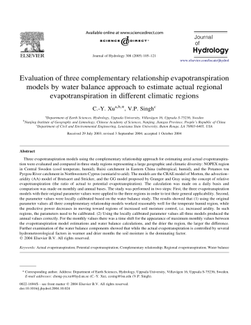 Evaluation of three complementary relationship evapotranspiration Evaluation of three complementary relationship evapotranspiration