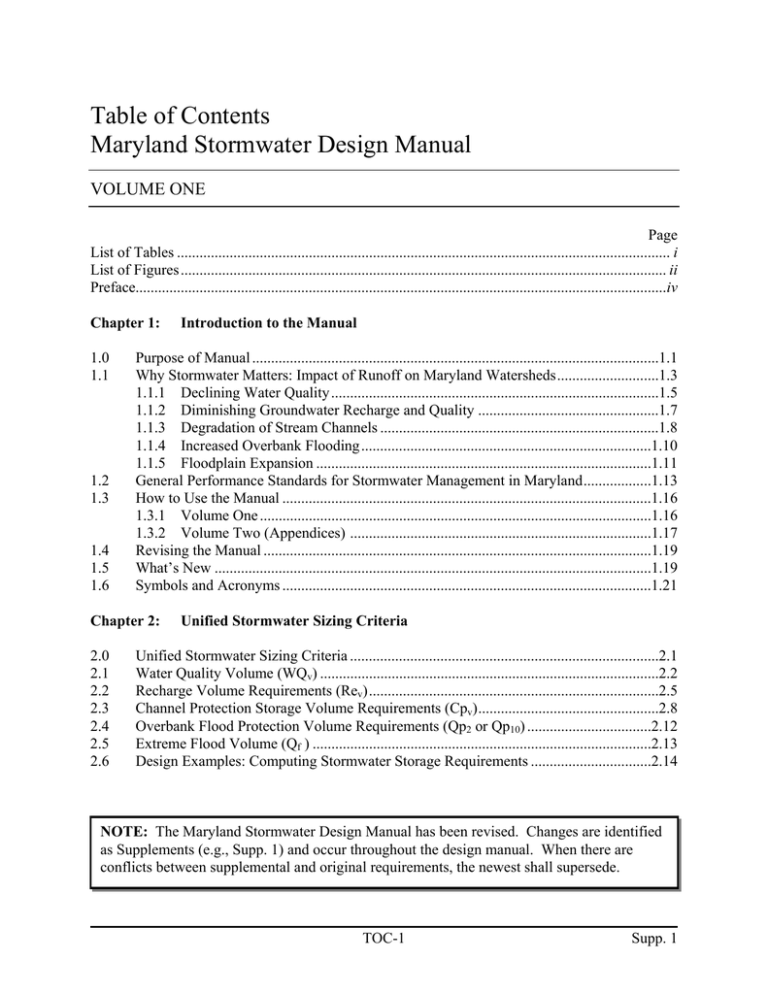 Table of Contents Maryland Stormwater Design Manual VOLUME ONE Table of Contents Maryland Stormwater Design Manual VOLUME ONE