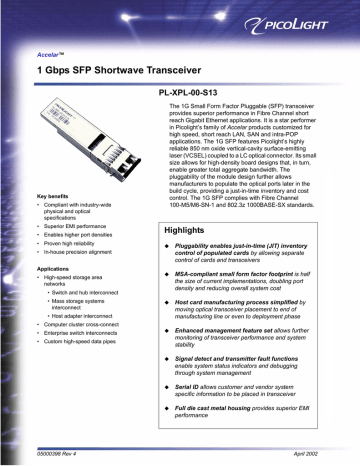 1 Gbps SFP Shortwave Transceiver PL-XPL-00-S13 1 Gbps SFP Shortwave Transceiver PL-XPL-00-S13