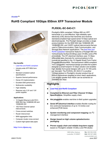 RoHS Compliant 10Gbps 850nm XFP Transceiver Module PLRXXL-SC-S43-C1 RoHS Compliant 10Gbps 850nm XFP Transceiver Module PLRXXL-SC-S43-C1