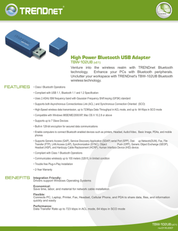 Trendnet TBW-102UB High Power Bluetooth® USB Adapter Datasheet | Manualzz Trendnet TBW-102UB High Power Bluetooth® USB Adapter Datasheet | Manualzz