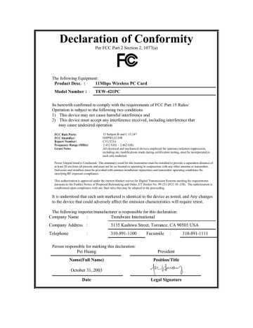 Declaration of Conformity  Per FCC Part 2 Section 2, 1077(a) PC Card | Manualzz