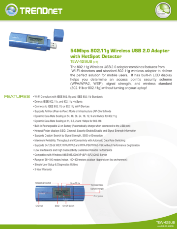 Trendnet TEW-429UB 54Mbps 802.11g Wireless USB 2.0 Adapter Datasheet | Manualzz Trendnet TEW-429UB 54Mbps 802.11g Wireless USB 2.0 Adapter Datasheet | Manualzz
