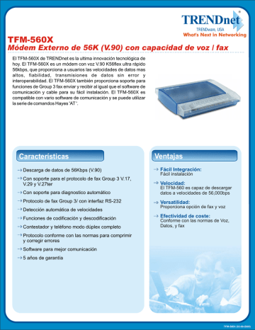 Trendnet TFM-560X External 56K (V.90) High Speed Voice/Fax Modem Ficha de datos | Manualzz Trendnet TFM-560X External 56K (V.90) High Speed Voice/Fax Modem Ficha de datos | Manualzz