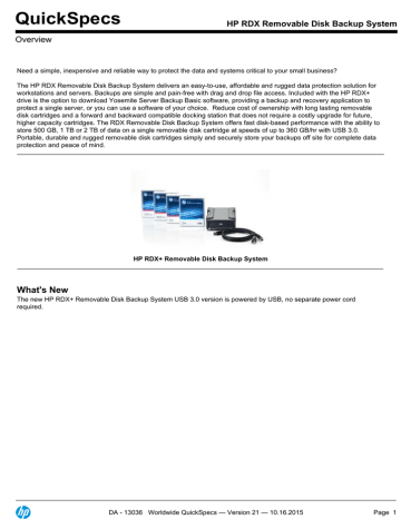 QuickSpecs HP RDX Removable Disk Backup System Overview QuickSpecs HP RDX Removable Disk Backup System Overview