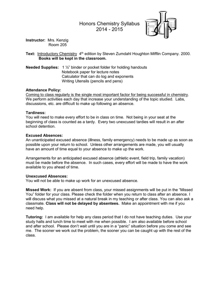 Honors Chemistry Syllabus 2014 - 2015 Honors Chemistry Syllabus 2014 - 2015