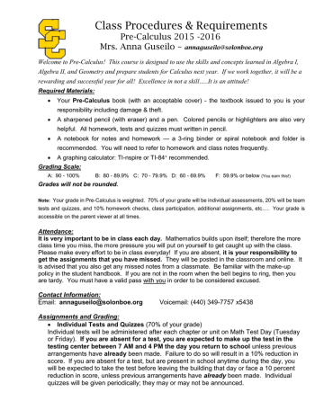 Class Procedures & Requirements Pre-Calculus 2015 -2016 Class Procedures & Requirements Pre-Calculus 2015 -2016