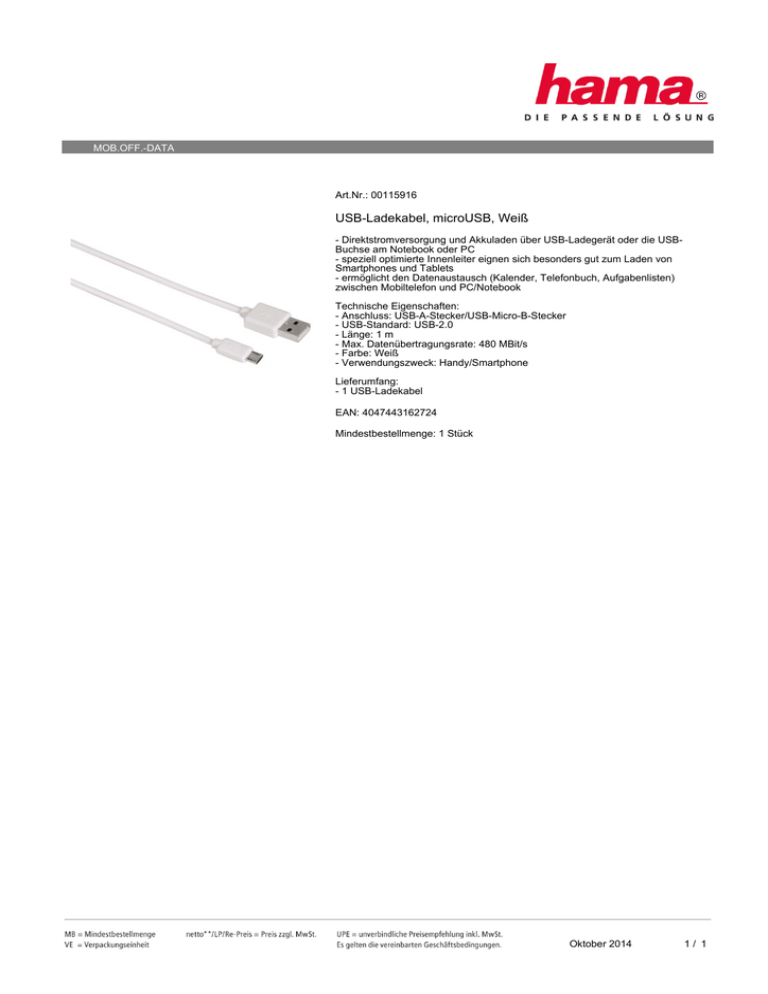 Datablad USB Kabel 2.0 St(A)-St(microB) 1,0m weiß Hama Duits Datablad USB Kabel 2.0 St(A)-St(microB) 1,0m weiß Hama Duits