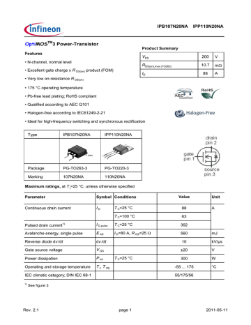 Infineon IPB107N20NA MOSFET Data Sheet Manualzz