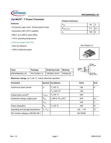 Infineon IPB160N04S2L 03 MOSFET Data Sheet Manualzz