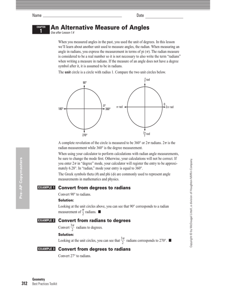 An Alternative Measure of Angles 1 Name An Alternative Measure of Angles 1 Name