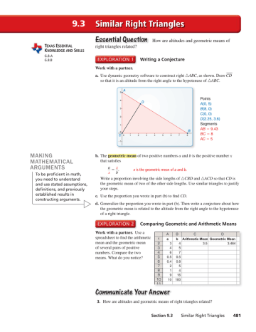 9.3 Similar Right Triangles Essential Question MAKING 9.3 Similar Right Triangles Essential Question MAKING