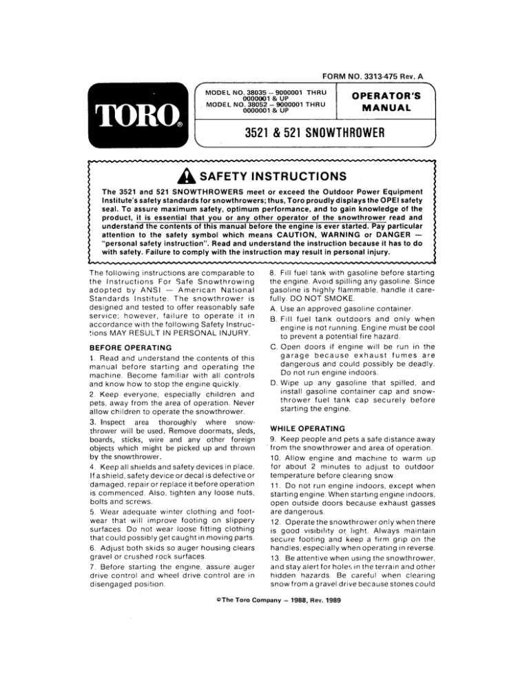 Toro 521 Snowthrower, 3521 Snowthrower User manual Toro 521 Snowthrower, 3521 Snowthrower User manual