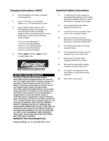 Charging Instructions - Energizer Technical Information Charging Instructions - Energizer Technical Information