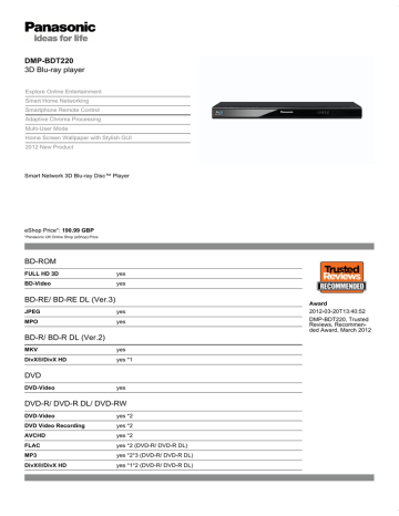 DMP-BDT220 3D Blu-ray player BD-ROM BD-RE/ BD DMP-BDT220 3D Blu-ray player BD-ROM BD-RE/ BD