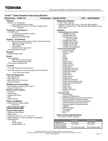 Excite™ Tablet Detailed Product Specification1 | Manualzz Excite™ Tablet Detailed Product Specification1 | Manualzz