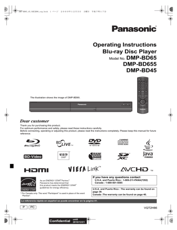 Operating Instructions Blu-ray Disc Player DMP-BD655 DMP-BD45 Operating Instructions Blu-ray Disc Player DMP-BD655 DMP-BD45