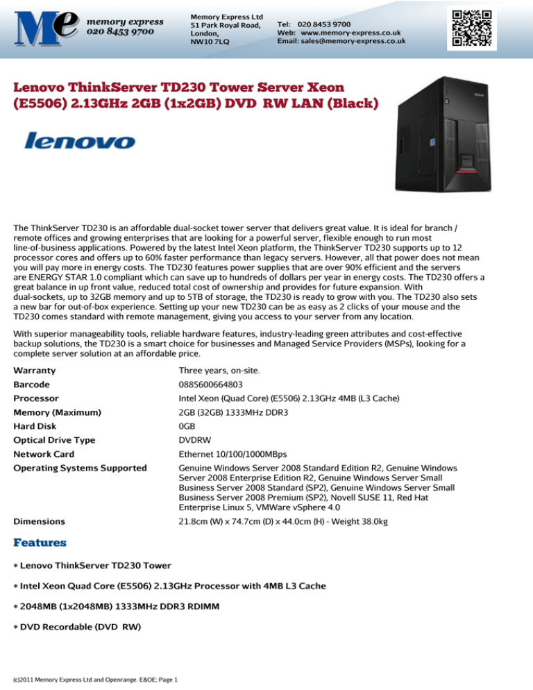 Lenovo ThinkServer TD230 Tower Server Xeon Lenovo ThinkServer TD230 Tower Server Xeon