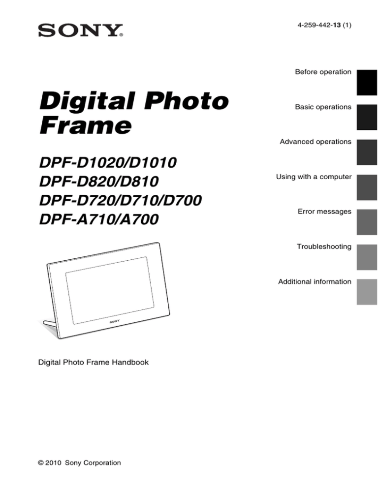 Sony DPF-D820, DPF-D1020, DPF-D720, DPF-D710, DPF-D810, DPF-A710 User manual Sony DPF-D820, DPF-D1020, DPF-D720, DPF-D710, DPF-D810, DPF-A710 User manual